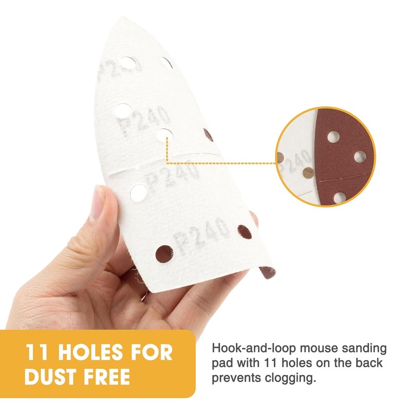 Shawya 50 PCS Mouse Sander Sandpaper for Mouse Sander 11 Hole Detail Sandpaper Sanding Paper 240 Grit Hook and Loop Sander Pads Triangular Sanding Sheets Abrasive Sanding Paper - Image 5